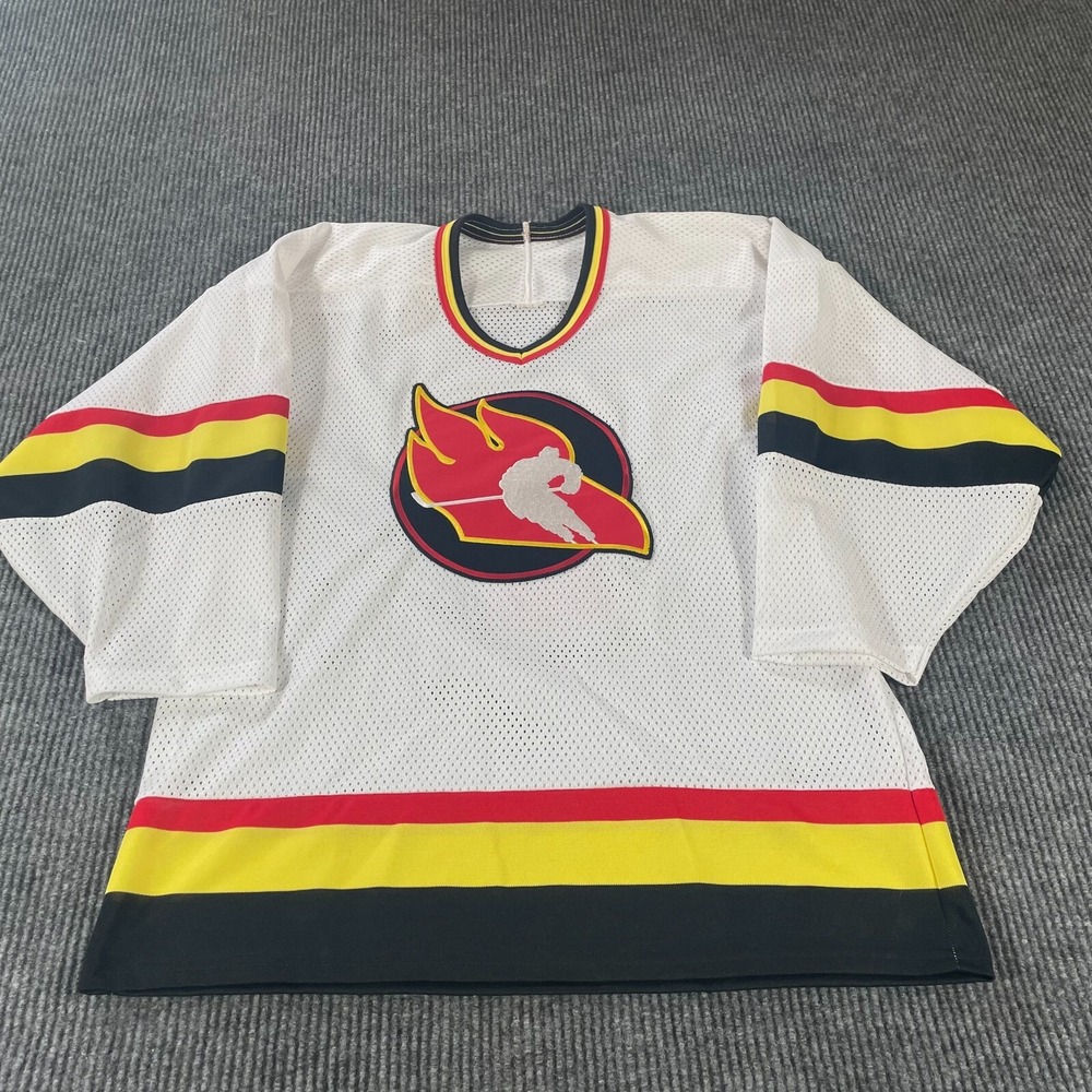 VTG Hockey Jersey Adult Small White Goalie Flames Patch Retro‎ 90s Bates 1 Mens